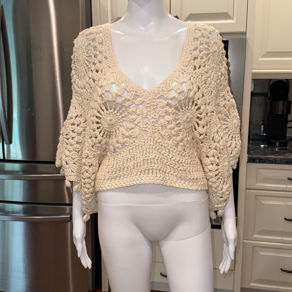Cream Crochet Bohemian Women Sweater Large